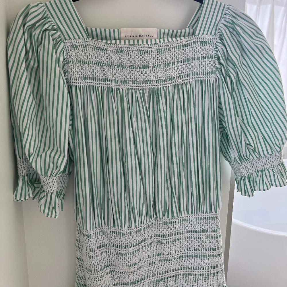 Loeffler Randall Anais Green/Cream Smocked Dress - size s